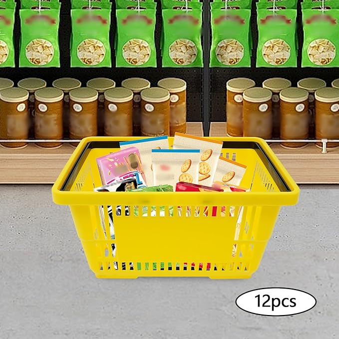 12PCS Yellow Plastic Shopping Baskets with Handles, Portable Retail Baskets Grocery Basket with Handles,18L Hand Shopping Basket Set for Stores, Supermarket, Retail, Groceries Carrying