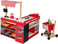 HONEY JOY Kids Grocery Store Playset, Wooden Market Stand Play Store with Canopy & Shopping Cart, Toddler Supermarket Checkout Stand w/Blackboard & Accessories, Grocery Store Pretend Play (Red)