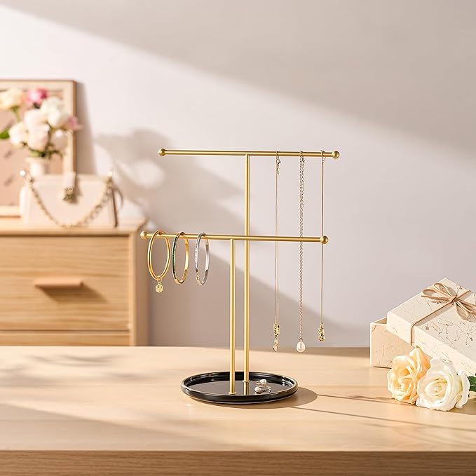 Gold Jewelry Holder Stand with Ceramic Tray: Small Hanging Necklace Organizer Tree for Earrings, Bracelets, Rings – Jewelry Display Hanger for Women & Girls, Black