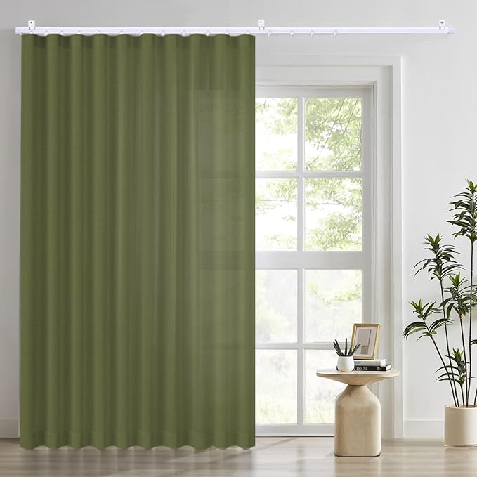 Faux Linen Semi Sheer Room Divider Curtain with Flexible Curtain Track, Extra Wide Light Filtering Privacy Curtain for Patio Sliding Glass Door, Living Room Bedroom, Olive Green, W100xL108, 1 Panel