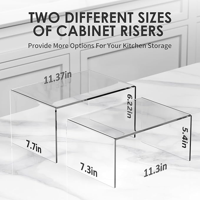 Acrylic Cabinet Shelf Riser Set of 4, Heavy-Duty Kitchen Organizers with Non-Slip Pads, Clear Countertop Spice Shelves for Pantry Storage & Cabinet Decor