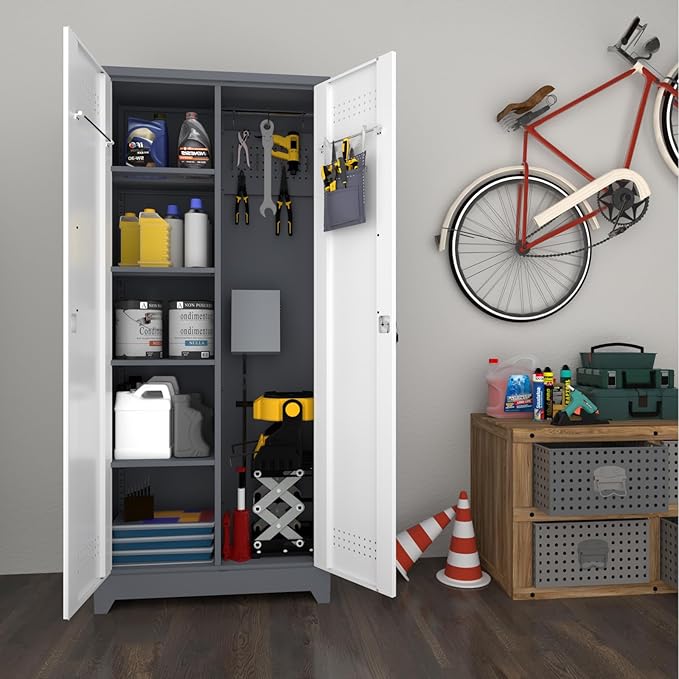 LUCYPAL Broom Storage Cabinet with Locking Doors and Shelves,Broom Closet Storage Cabinet with Hanging Rod and Hooks,Metal Garage Cabinets for Kitchen,Bathroom,Office 72.8" H White&Grey