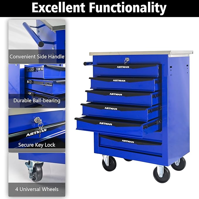 7 Drawer Rolling Tool Chest with Locker, 22.2" D Metal Movable Lockable Tool Cart Box Multi-Functional Hardware Storage Cabinet Box for Warehouse Basement Home Pantry Garage