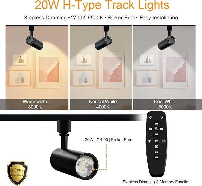 Black 20W Track Lighting Heads,2700K-6500K Stepless Dimming H Type LED Track Light Heads Dimmable Rail Ceiling Spotlight Fixtures Accent,CRI90+ 24° 1800LM,4 Pack