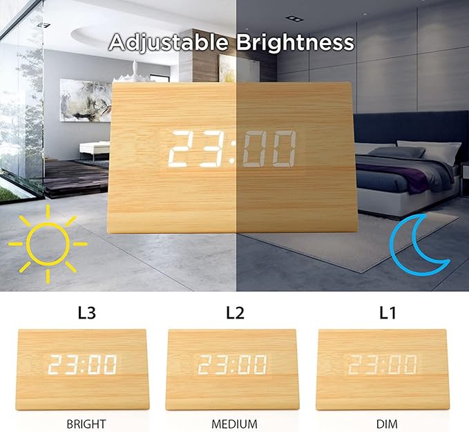 GEARONIC Digital Alarm Clock Wooden Alarm Clock Wood Modern Triangle Alarm Digital Desk Clock, Displays Time Date Temperature Calendar Wood Made Electric Clocks for Bedroom, Bedside - Bamboo