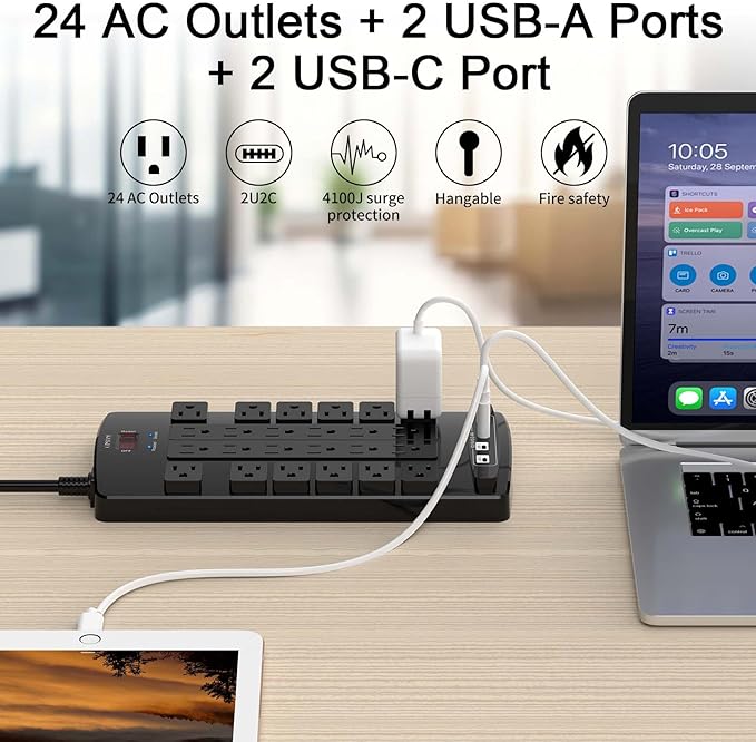 Surge Protector Power Strip - QINLIANF 20Ft Flat Plug Heavy Duty Extension Cord with 24 Outlets and 4 USB Ports(1 USB-C Ports), 1875W/15A, 4100J, for Home, Office, Dorm, ETL Listed, Black