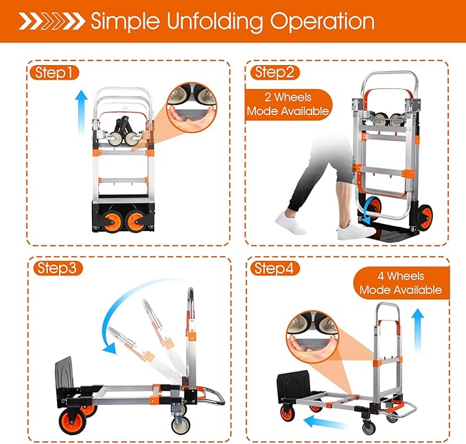 3 in 1 Folding Hand Truck Dolly Cart with Wheels, 660lbs Capacity Foldable Utility Cart Aluminum Trolley Cart Convertible Dolly for Moving Furniture Shopping for Garden Home Office Warehouse