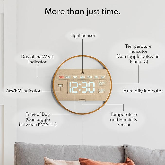 Driini Modern Large Digital Wall Clock - Bamboo Wood with Large LED Display- Day of Week, Time, Temperature, and Humidity - Aesthetic Living Room Clock or Office Wall Clock - Desk or Wall Mount.