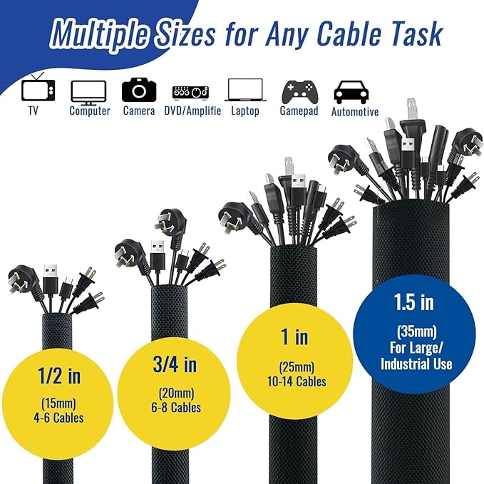 1/2" - 6.6FT Chew Proof Cat Cord Protector（Hook & Loop Split Sleeve for Pets - Cat/Dog Proof Cable Management Sleeve for Office USB Computer Audio Cables, Flexible Wire Cover - Black