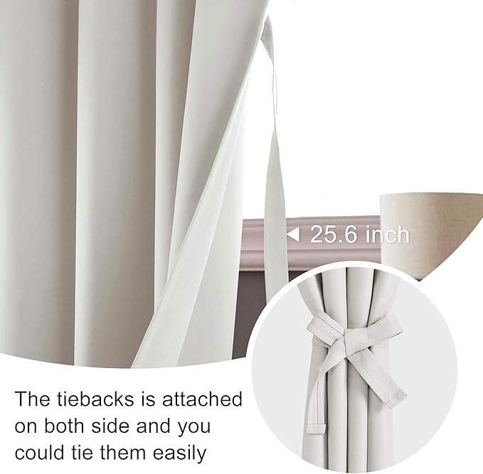 JIUZHEN Blackout Curtains for Bedroom - Thermal Insulated Room Darkening Noise Reducing, 70 x 96 Inch Length Curtains for Living Room, Set of 2 Panels with Tiebacks,Ivory