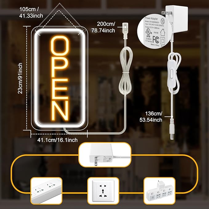 inShareplus 16"x 9" Super Bright Open Sign,12V LED Neon Open Signs for Business for Window, with ON/OFF Switch, Electric Light up Signs for Stores, Restaurants Retail Shops (Yellow-White-Vertical)