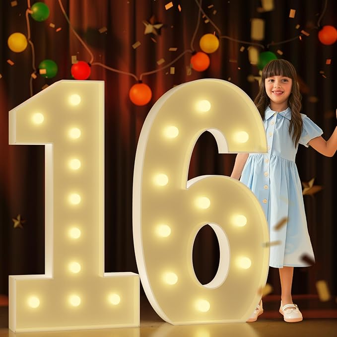 Marquee Numbers 4 Feet Tall Large Light Up Numbers 16th Sweet 16 Birthday Decorations Big Yellow Light Outdoor Anniversary Decorations Balloon Arch Kit Party Backdrop 16
