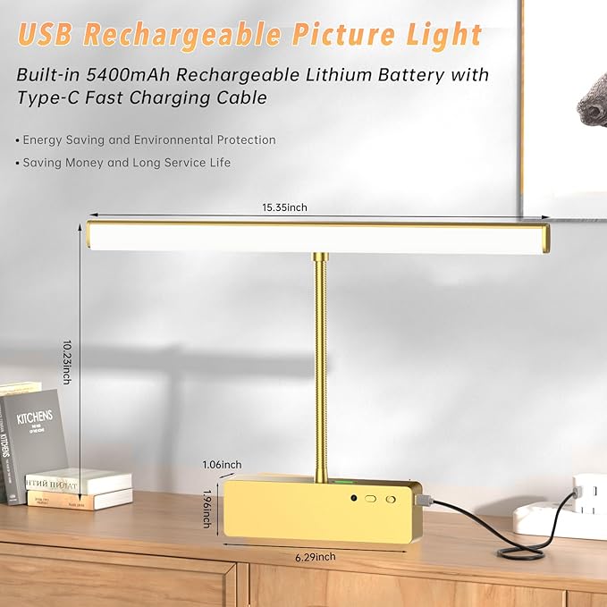 Lightbiz Picture Light 2 Pcs, 15.35inch 5400mAh Rechargeable Picture Lights for Wall Battery Operated Wall Lights with Remote, 3 Colors Paintings Light Dimmable Art Light for Artwork, Gallery (Gold)