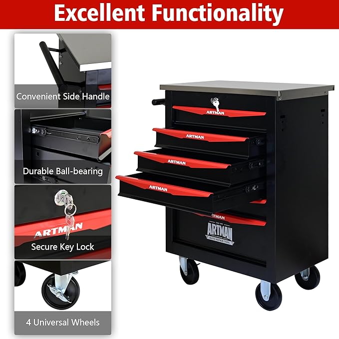 6 Drawer Rolling Tool Chest with Locker, 22.2" D Metal Movable Lockable Tool Cart Box Multi-Functional Hardware Storage Cabinet Box for Warehouse Basement Home Pantry Garage
