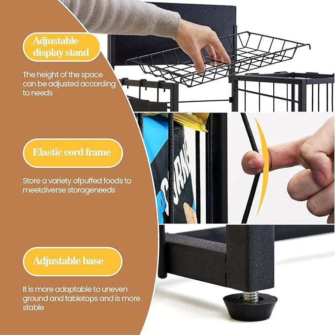 Metal Snack Rack with Frame Baskets, 4-Tier Candy & Chip Display Stand for Countertop, Organizer Shelf for Kitchen Pantry, Office, Store