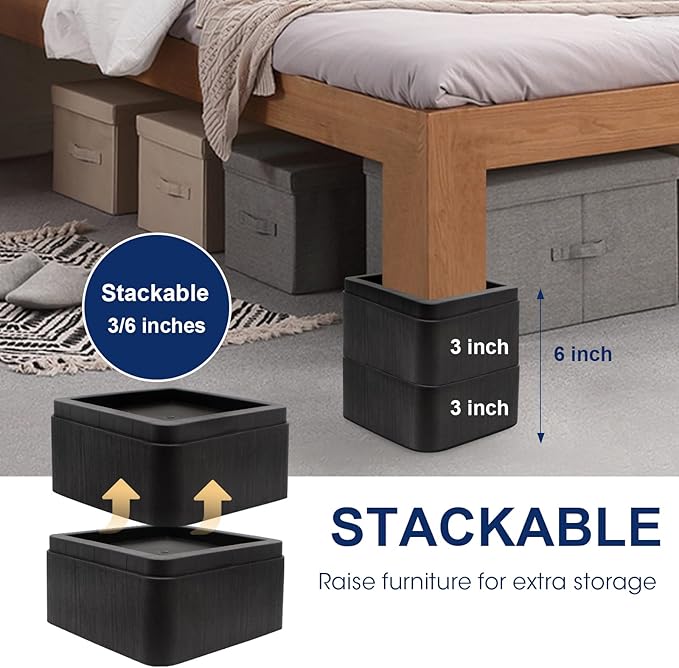 Bed Risers 3 Inch, Oversized Fit Up to 5.5" Legs, Heavy Duty Support 6000lbs, Stackable 6/9 inch Bed Raising Blocks Furniture Sturdy Bed Lifts for College Dorm Rooms, Couches, Tables, Desks