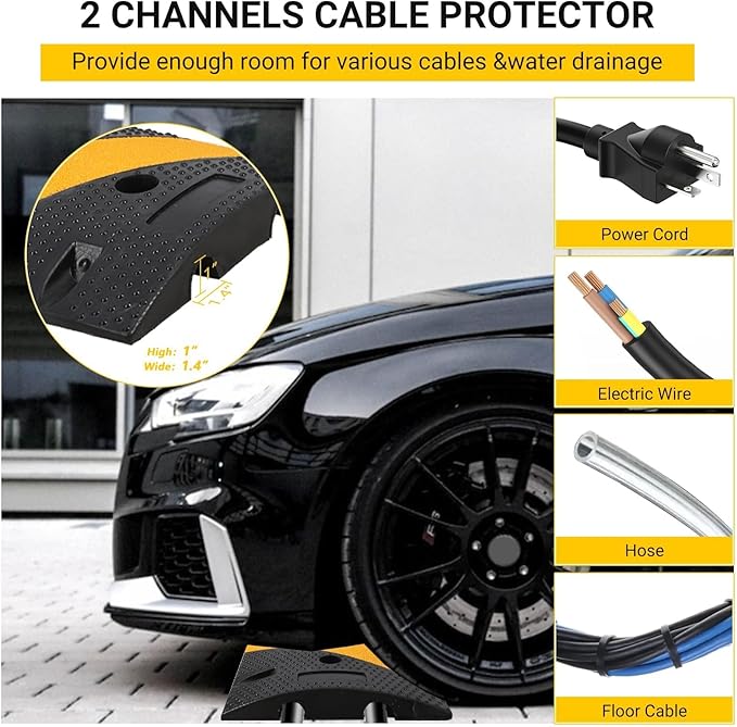6 FT Heavy Duty Rubber Speed Bump 4-Pack, Driveway Cable Protector Ramp with Installation Bolts for Parking Lots, Garage & Gravel Roads