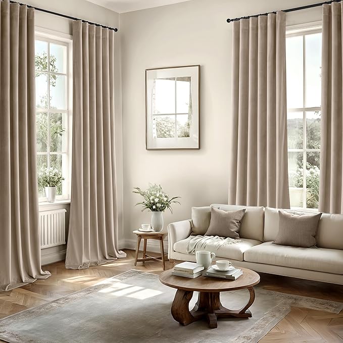 MIULEE Velvet Curtains 90 Inches Long 2 Panels Set for Bedroom, Pinch Pleat Back Tab Luxury Thermal Insulated Living Room Darkening Drapes Pleated Blackout Window Curtains with Hooks, Camel Beige