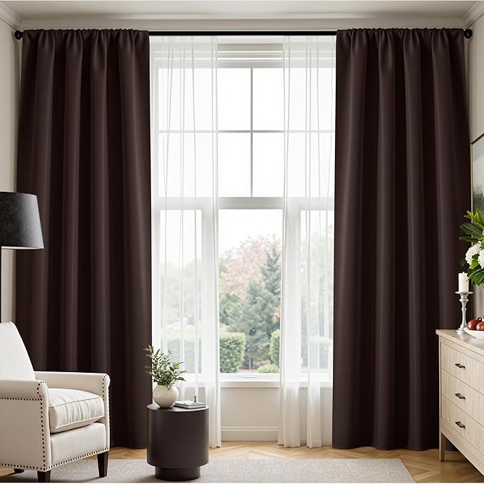 PONY DANCE Chocolate Brown Blackout Curtains 2 Panels Set, 63 inch Length Thermal Insulated Rod Pocket Room Darkening Window Drapes for Bedroom/Living Room, 42 inches Wide