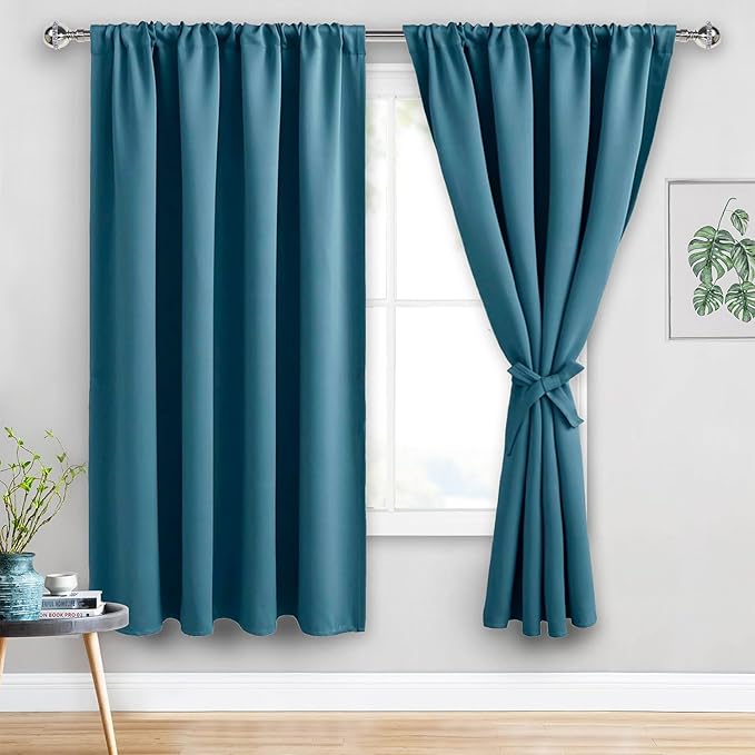 JIUZHEN Blackout Curtains for Bedroom - Thermal Insulated Room Darkening Noise Reducing, 70 x 63 Inch Length Curtains for Living Room, Set of 2 Panels with Tiebacks, Stone Blue