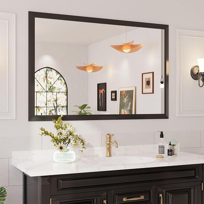 Amorho Bathroom Mirror Black, 60x40 Inch Thick Metal Framed Wall Mirrors, Suitable or Bedroom, Living Room, Entryway, Rectangle Wall-Mounted Mirrors(Horizontal/Vertical).
