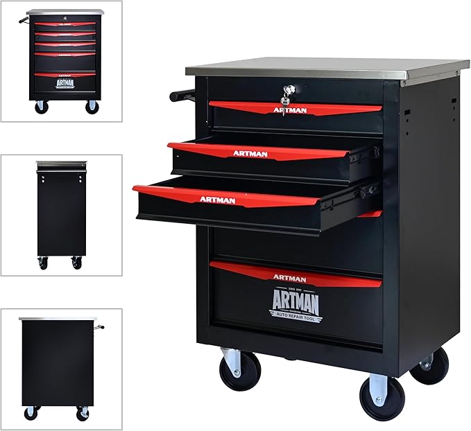 5 Drawer Rolling Tool Chest with Locker, 22.2" D Metal Movable Lockable Tool Cart Box Multi-Functional Hardware Storage Cabinet Box for Warehouse Basement Home Pantry Garage