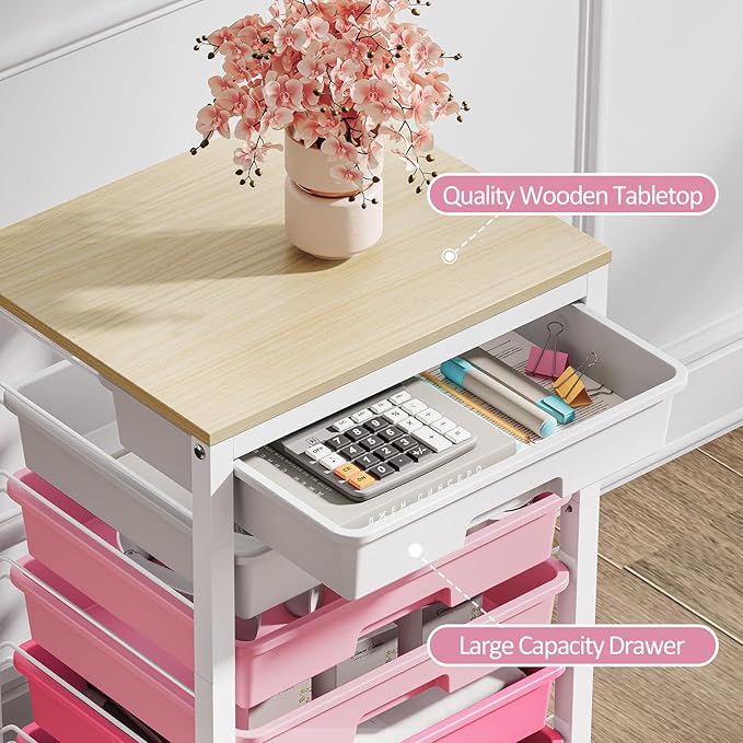 Utility Cart With 6 Drawers and Wooden Tabletop, Storage Cart on Wheels for Office, Classroom, Bathroom, Bedroom - Pink