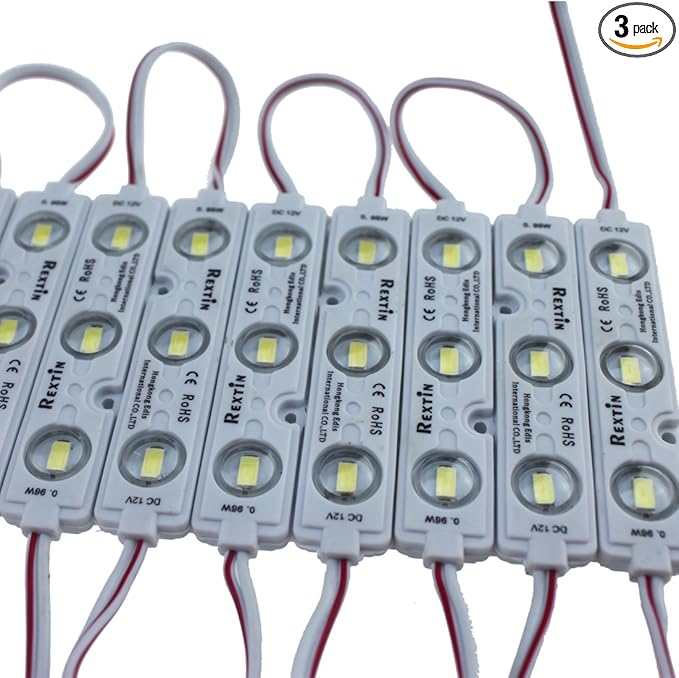 Rextin Super Bright 200pcs 3 LED Module Yellow 5630 5730 SMD 40-45LM Per led Waterproof Decorative Light for Letter Sign Advertising Signs with Tape Adhesive Backside