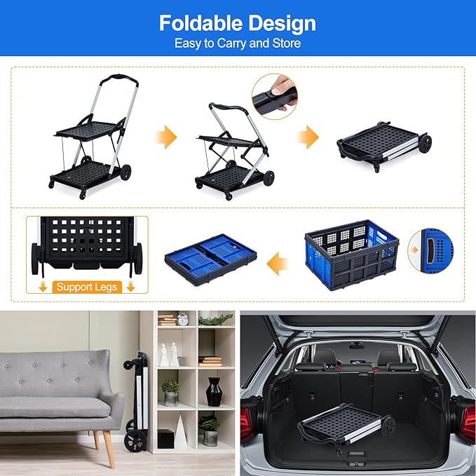 2-Tier Collapsible Shopping Cart, Foldable Grocery Cart with 198 lb Capacity, Wheels & Removable Crate, Portable Utility Trolley for Home, Groceries, Supermarket, Mall, Market, Blue