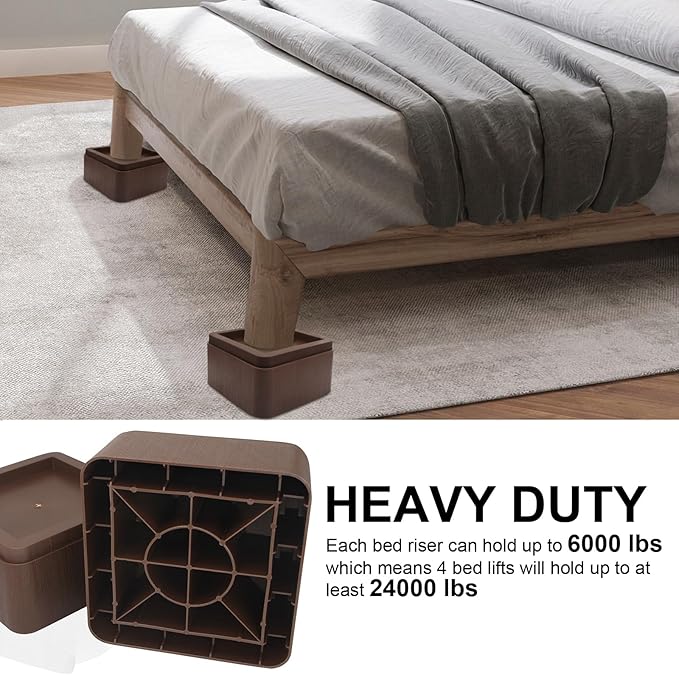 Bed Risers, Elevation up 3 inch, Heavy Duty Couch Risers 6000lbs, Stackable 3/6 / 9 inch Bed Furniture Risers Fits 5.5X5.5 inch Legs for College, Dorm, Couches, Tables, Desks, Set of 4