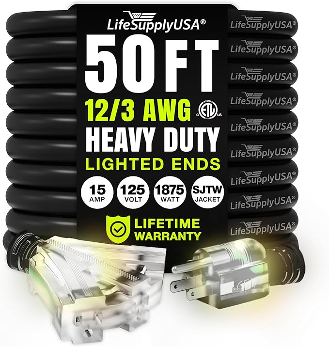 50ft Outdoor/Indoor Extension Cord 3-Outlet 12/3 Gauge Extra Heavy Duty ETL Listed, 3 Prong SJTW, Waterproof, Flexible Cold-Resistant Long Power Cord,15A 125V 1875W, Black by LifeSupplyUSA