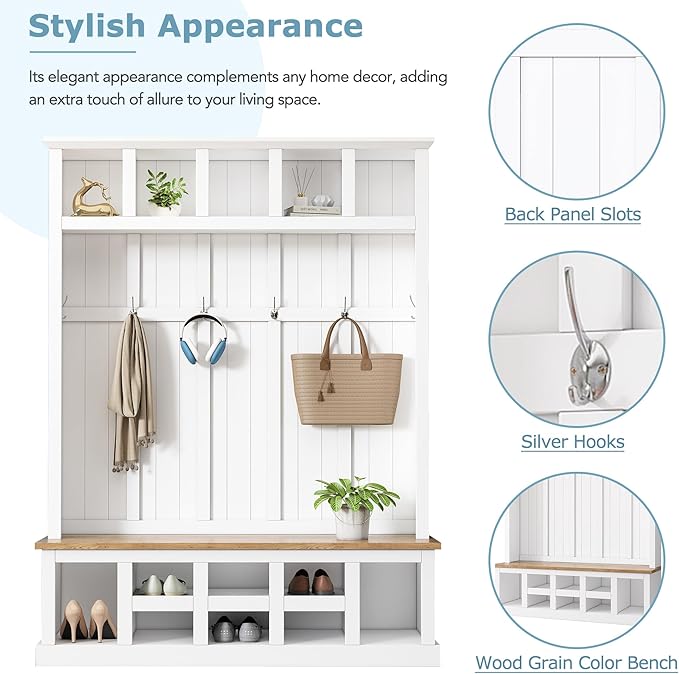 Merax Wood Farmhouse Hall Tree with Storage Entryway Bench, 3-in-1 Coat Racks with 6 Hooks &Shelves for Entrance, Hallway, Mudroom,White