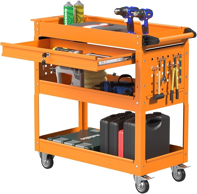 3 Tier Rolling Tool Cart, Heavy Duty Tool Cart on Wheels for Mechanics,400 LBS Tool Cart with Drawers for Garage, Warehouse & Repair Shop (Orange)