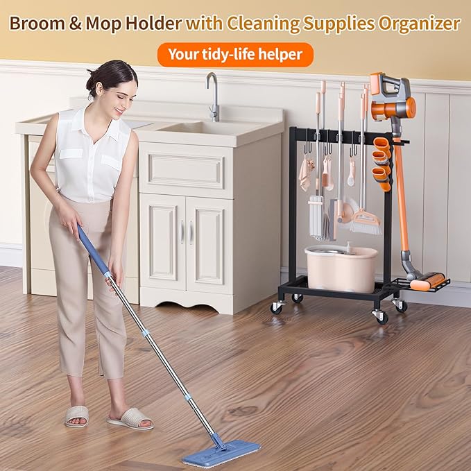 Cleaning Supplies Organizer with Broom Holder Load 150 LBS Cleaning Cart with Wheels Broom Closet Storage with 6 Mop Hanger Grippers, 3 Double-Hooks, Vacuum Stand for Laundry Room Organization, Black