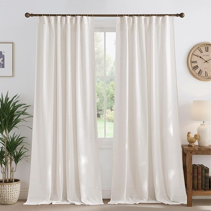 NICETOWN Thick Linen Cream Curtains 84 inches Long 2 Panels Set, Pleat Tape Semi Sheer Privacy Added with Light Filtering Window Treatments for Living Room/Bedroom, W52 x L84