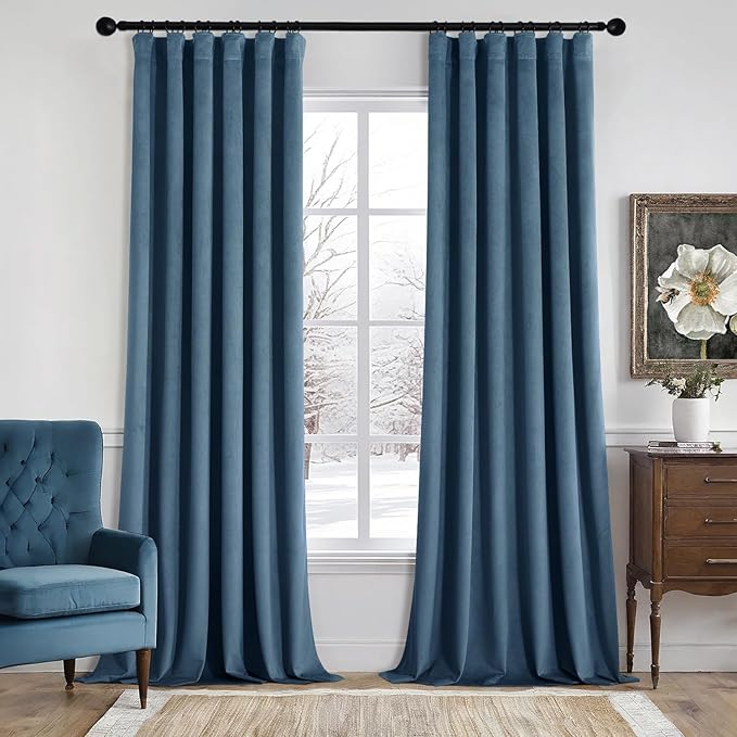 MIULEE Velvet Curtains 90 Inches Long 2 Panels Set for Bedroom, Pinch Pleat Back Tab Luxury Thermal Insulated Living Room Darkening Drapes Pleated Blackout Window Curtains with Hooks, Dark Slate