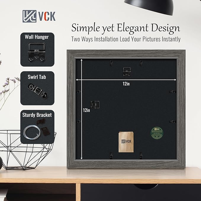 VCK 12x12 Picture Frame 5 Pack - Grey, High-End Wood Poster Frames with Tempered Glass, Display 8x8 Photo with Mat or 12x12 without Mat, Art Gallery-Quality, Wall Hanging, Grey
