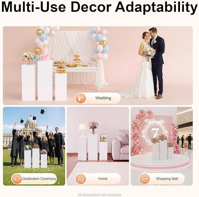 3PCS Metal Pedestal Stand, Square Metal Plinths Dessert Table Display Pillars, White Display Stands Pillars for Birthday, Wedding, Party, Art Decor(Different Sizes)