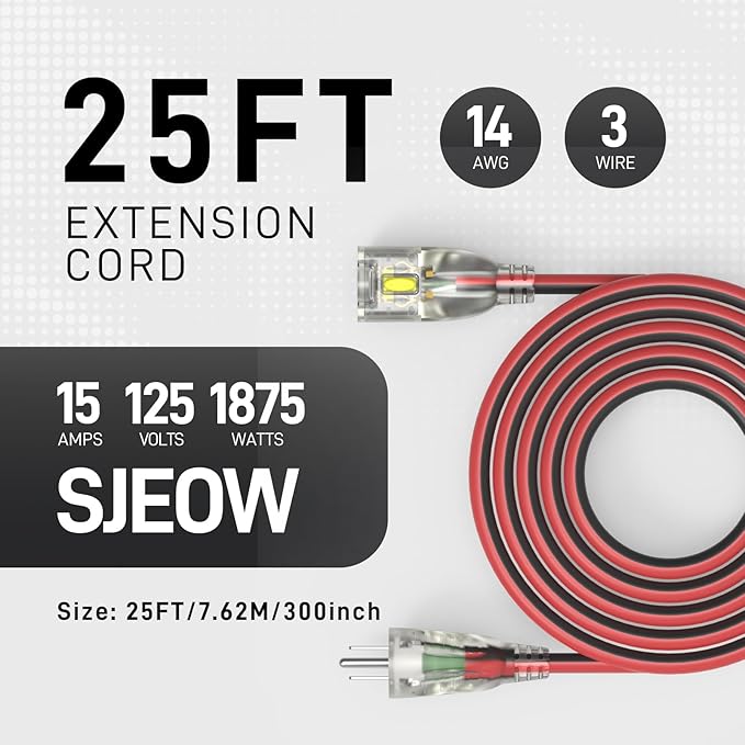 25FT 14/3 Gauge Heavy Duty Outdoor Extension Cord Waterproof with Locking LED Lighted Plugs, SJEOW All-Weather Jacket (-50°C to 105°C), 15amp 1875W, 3 Prong, ETL Certified