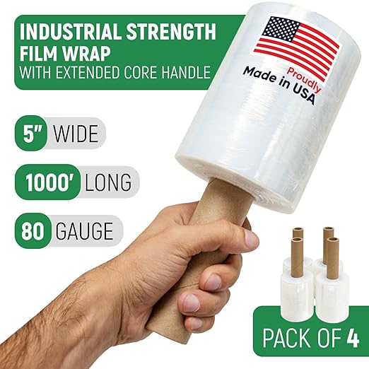 5" x 1000' Industrial Strength Mini Stretch Wrap with Extended Core Handles, Ready to Use Pack of 4 Clear Stretch Film Rolls, 80 Gauge, 500% Elongation - Shrink Wrap for Moving, Packing