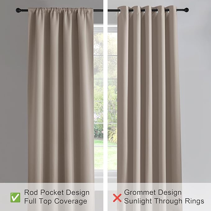 PONY DANCE Window Treatment Thermal Insulated Rod Pocket Blackout Curtains/Drapes for Bedroom(Light Taupe,Set of 2 Panels,52 by 54 Inch Length)