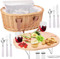 Wicker Picnic Basket Set for 2 Person with Mini Folding Table and Insulated Cooler Bag, Picnic Basket with Woven Handle Design & Tableware Accessories, Woven Oval Picnic Basket for Outdoor