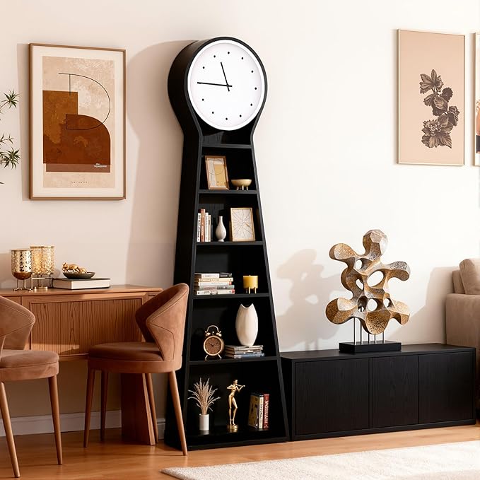 Ryoko Floor Clock Bookshelf, 5-Tier Storage Cabinet with Large Silent Quartz Clock, Grandfather Wood Clock,Simple Modern Nordic Solid Wood Bookcase Display Shelf for Living Room, Bedroom, Home Office