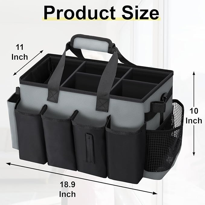 Wearable Large Cleaning Caddy Bag for Housekeeper, Clean Supply Organizer with Adjustable Shoulder, Waist & Handle Straps, Detailing Bag for Kitchen Supplies (Black&Gray)