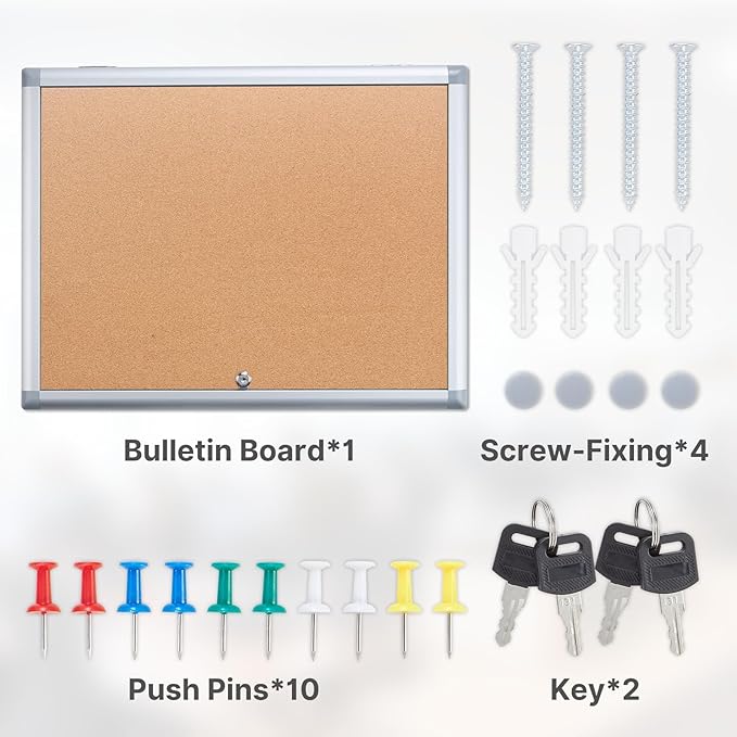 Enclosed Cork Bulletin Board Tamper-Proof Dispaly Case, Aluminium Frame, All-Weather Cork Noticeboard, Outdoor Enclosed Cork Board for School, Office, Restaurant, Hospital (20 X 26 Inches)
