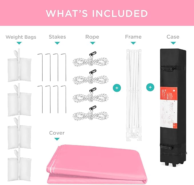 Best Choice Products 10x10ft 1-Person Setup Pop Up Canopy Tent Instant Portable Shelter w/ 1-Button Push, Case, 4 Weight Bags - Pink/White