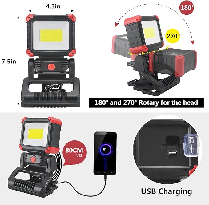 LED Rechargeable Work Light with Clamp, 2100LM Super Bright COB Magnetic Work Light with 3 Light Modes, 270° & 180° Rotation, Waterproof, Perfect for BBQ, Jobsite, Workshop, Car Repairing