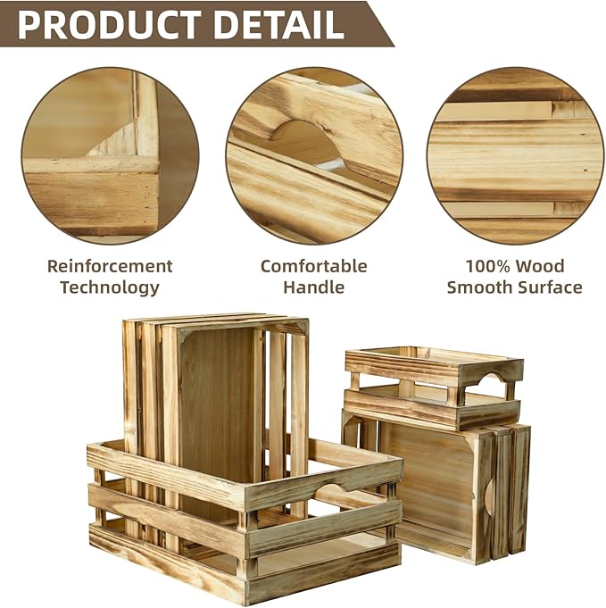 Large Torched Wood Storage Crates Decorative, Set of 4 Nesting Wooden Crates for Display Rustic, Farmhouse Wooden Storage Container Boxes Made from 100% Wood