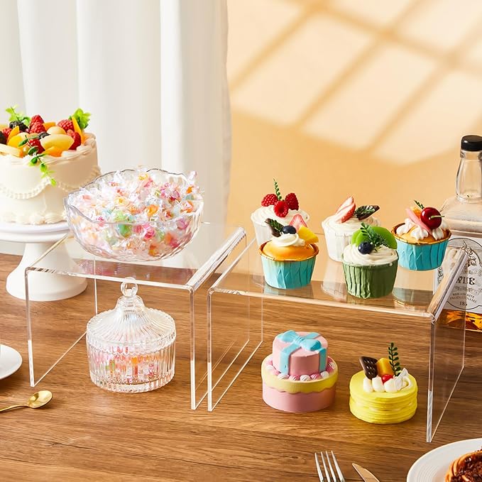 2 Pcs 8 Inch, 10 Inch Large Acrylic Risers Display Stands 5 mm Thick Acrylic Shelf Riser Showcase for Collectibles Jewelry Cupcakes Food Figures Perfume Cabinet (Clear)