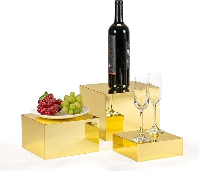 Red Co. Set of 3 Glossy Gold Acrylic Cube Display Nesting Risers with Hollow Bottoms